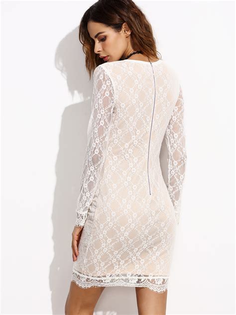 White Lace Up V Neck Scallop Lace Dress Shein Sheinside