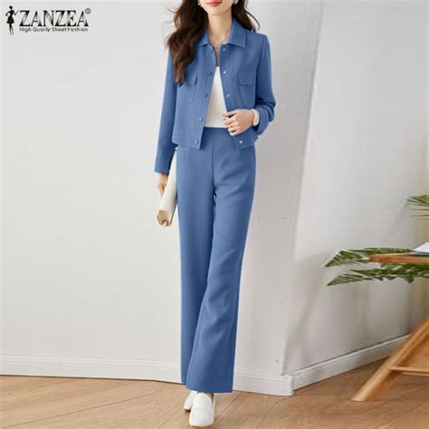 ZANZEA Korean Style Women S Business Casual Set Long Sleeve Lapel Tops