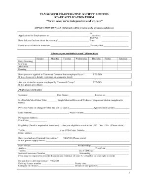 Fillable Online TAMWORTH CO OPERATIVE SOCIETY LIMITED STAFF APPLICATION