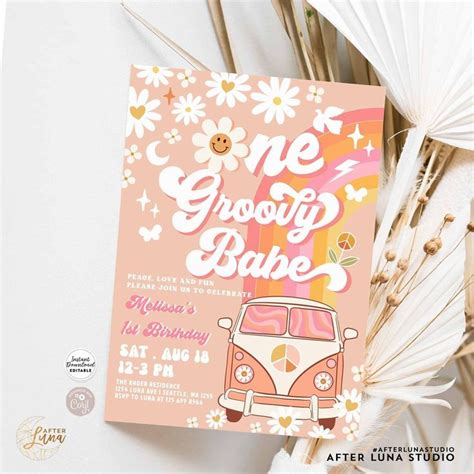 Editable ONE Groovy Babe Pink Peach Van Daisy Rainbow Groovy 1st Birthday Hippie Party