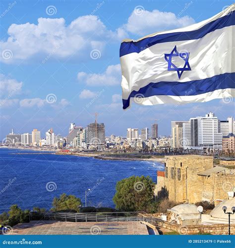 Israeli National Waving Flag On Tel Aviv Coast Panoramic View Stock