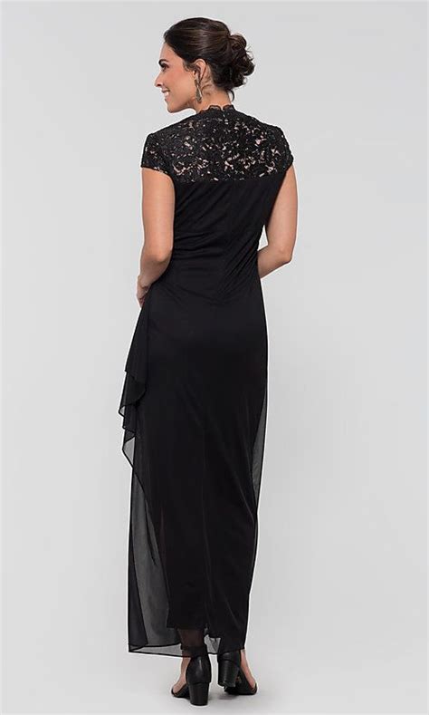 Image Of Lace Cap Sleeve Long Black MOB Dress By Alex Evenings Style