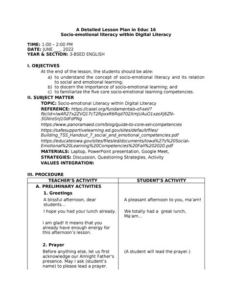 Lesson Plan A Detailed Lesson Plan A Detailed Lesson Plan In Educ