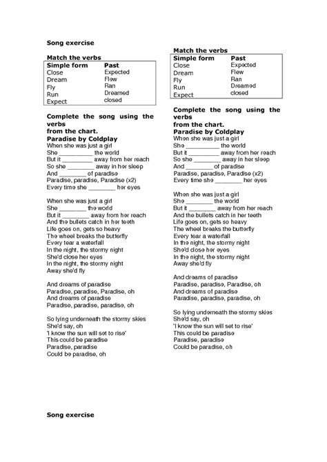 Song Worksheet Paradise By Coldplay Simple Past