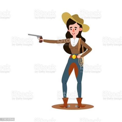 American Cowgirl Standing And Holding Up One Pistol To The Side Vector