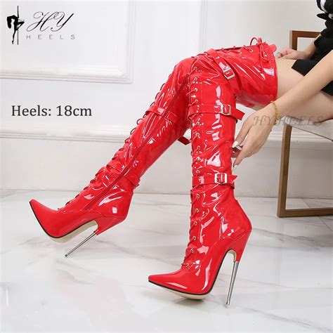 Bottes Au Dessus Du Genou Pointues Talons Super Hauts Pu Verni