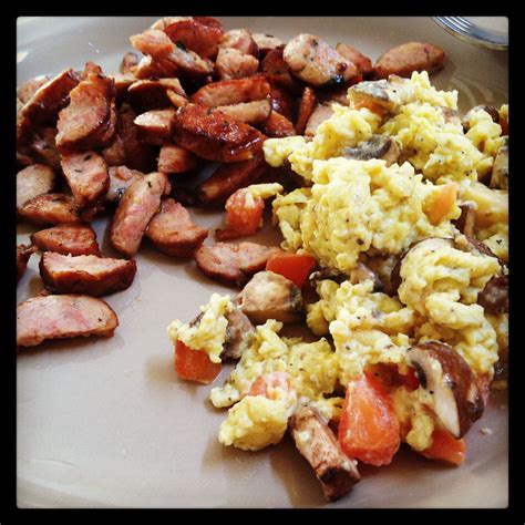 Apple Chicken Sausage With Scrambled Eggs That I Made With Tomatoes Mushrooms And Gouda Cheese