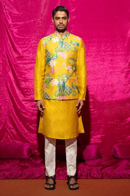 Buy Yellow Chanderi Silk Printed Floral Kurta Set With Nehru Jacket For