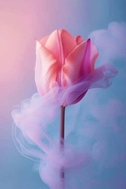 Premium Photo One Pastel Pink Tulip In Colorful Smoke On A Flat