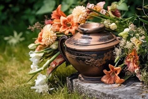 Premium Ai Image Funerary Urn With Ashes Of Dead And Flowers At Stone