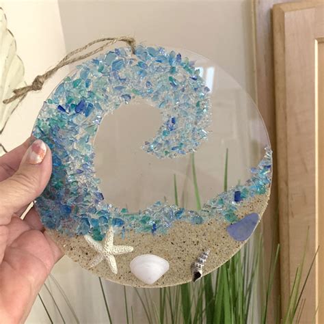 Sea Glass Suncatcher Ocean Crashing Wave Beach Ornament