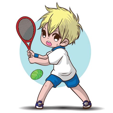 Chico Lindo Jugar Personaje De Dibujos Animados De Tenis Vector Premium