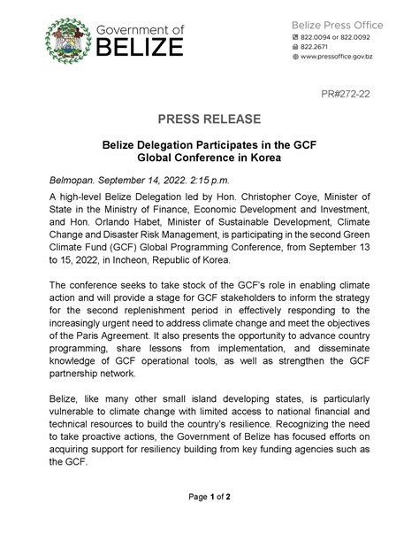 Press Release Belize High Level Delegation Participates In Gcf Global