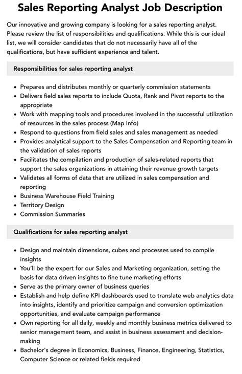 Sales Reporting Analyst Job Description Velvet Jobs