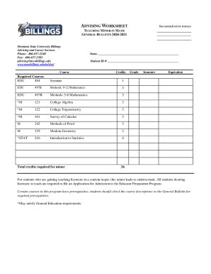 Fillable Online ADVISING WORKSHEET T TEACHING MINOR IN MATH GENERAL