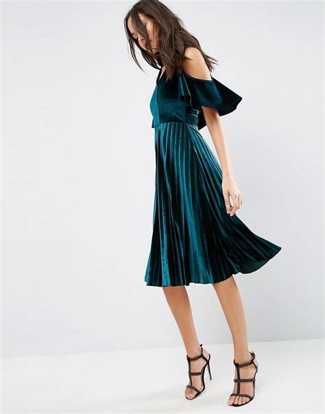 Asos Cold Shoulder Velvet Pleated Midi Dress In Green Lyst