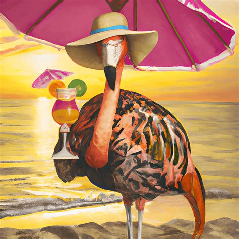 Flamingo on the Beach at Sunset Wearing a Hawaiian Shirt · Creative Fabrica