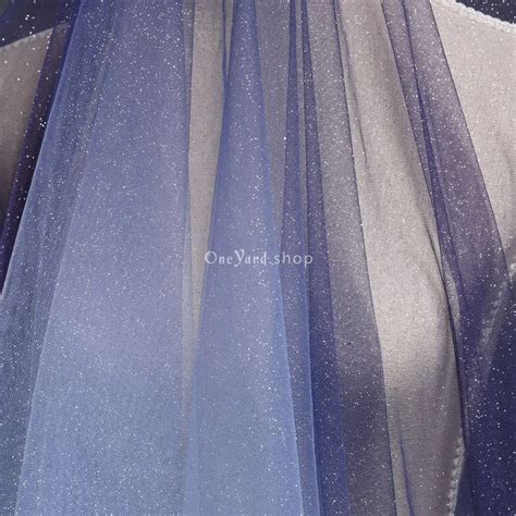 Silver Glued Ombre Blue Glitter Mesh Tulle Fabric Oneyard