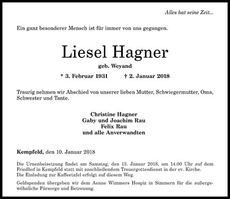 Traueranzeigen Von Liesel Hagner Rz Trauer De