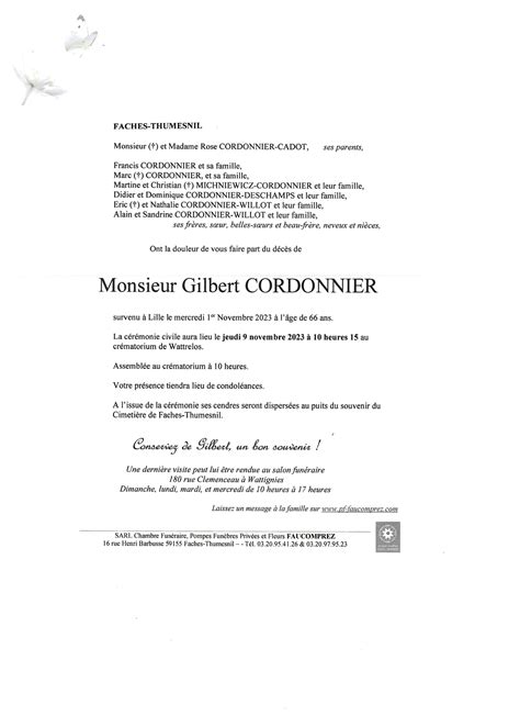 Monsieur Gilbert CORDONNIER Pompes Funèbres FAUCOMPREZ