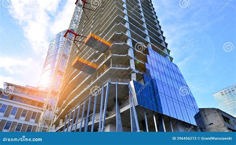 High Rise Building Under Construction Installation Of Glass Facade