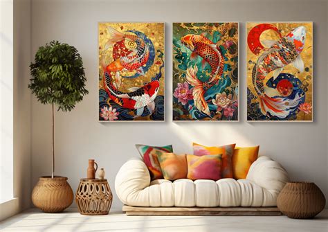 Japanese Koi Fish Prints Set Elegant Digital Wall Art Trio Instant
