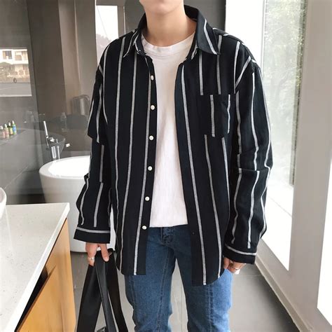 Buy New 2018 Korean Style Men Shirt Striped Long