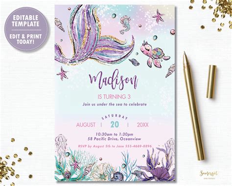 Mermaid Invitation Instant Download Mermaid Birthday Party Invite Diy Editable Template Pdf