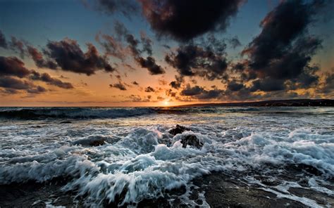 Wallpaper Matahari Terbenam Laut Batu Pantai Langit Matahari