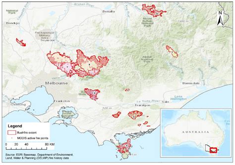 Topographic map of the study area (Victoria) showing bushfire points of ...