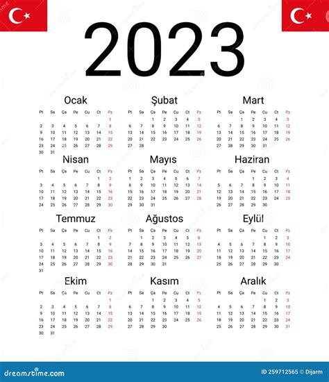 Turkish 2023 Calendar. Vector Design Template Start from Monday. Full ...