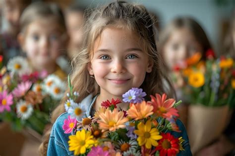 Premium Photo Students With Bouquets Of Flowers To Give To The