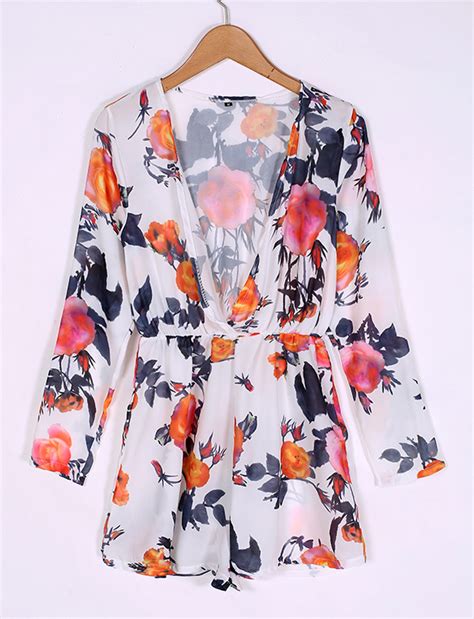 Long Sleeve Deep V Neck Floral Printed Romper Playsuit On Luulla