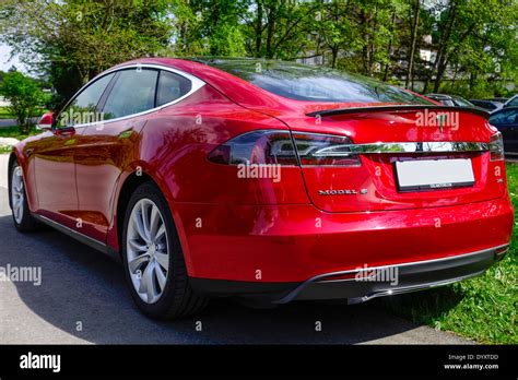 Red Tesla Model S P A Luxury Electric Car Stock Photo Alamy