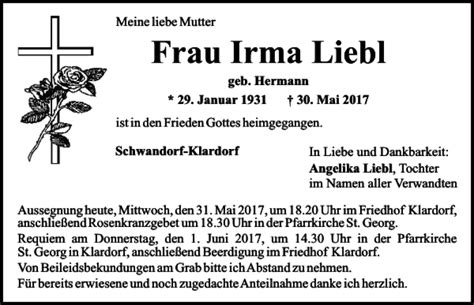 Traueranzeigen Von Irma Liebl Mittelbayerische Trauer