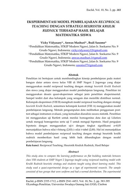 Pdf Eksperimentasi Model Pembelajaran Reciprocal Teaching Dengan