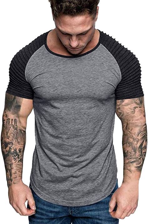 Mens Short Sleeved T Shirt Summer Pleats Slim Fit Raglan Patchwork Short Sleeve Pattern Top