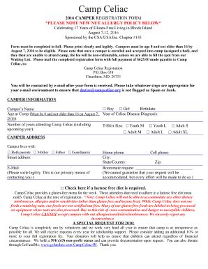 Fillable Online Camper Registration Form Camp Celiac Fax Email Print