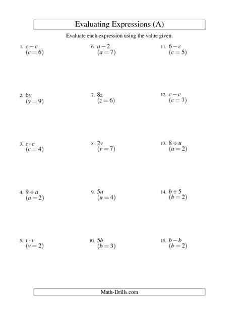 Evaluating Expressions Worksheets