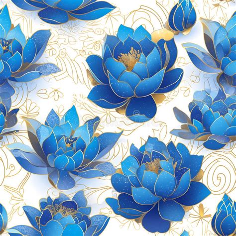 Asian Seamless Pattern With Blue And Gold Lotus Flower Leaves And Buds