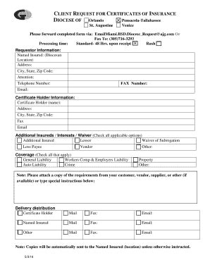 Fillable Online Ptdiocese CLIENT REQUEST FOR CERTIFICATES OF INSURANCE