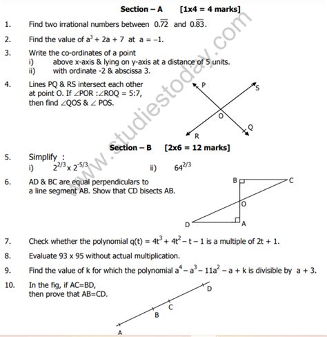 Cbse Class 9 Mathematics Sample Paper Set E