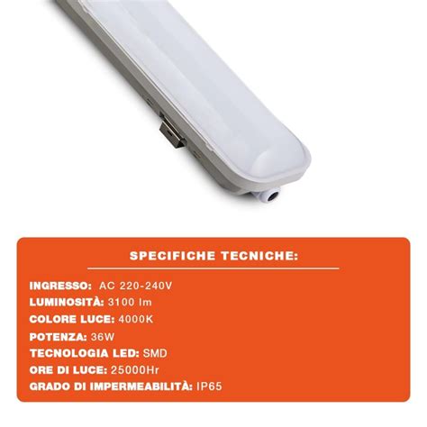 Plafoniera Led Stagna 36W 3100LM 4000K 119cm IP65 Serie