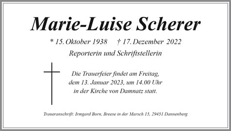 Das Trauerportal F R L Chow Dannenberg Todesanzeigen Marie Luise