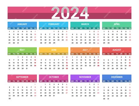 Plantilla De Calendario Colorido 2024 Vector Premium