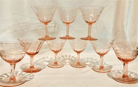 Vintage Blush Pink Depression Glass Winecocktail Glasses Set Of Nine With Etched Floral Pattern