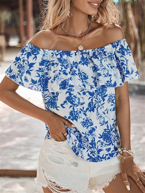 Shein Vcay Floral Print Off Shoulder Ruffle Trim Blouse Shein Uk