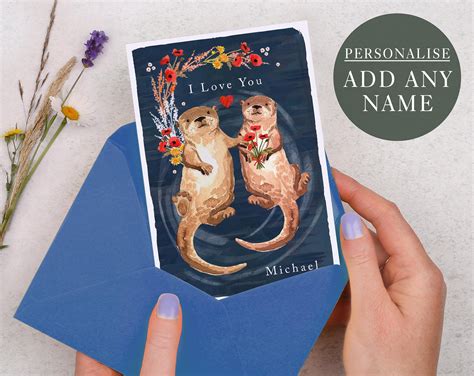 Personalised I Love You Card For Him Or Her Cute Otters Holding Hands