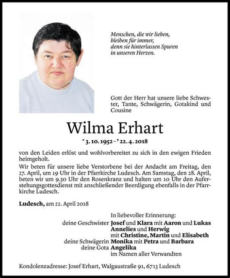 Todesanzeigen Von Wilma Erhart Todesanzeigen Vorarlberger Nachrichten