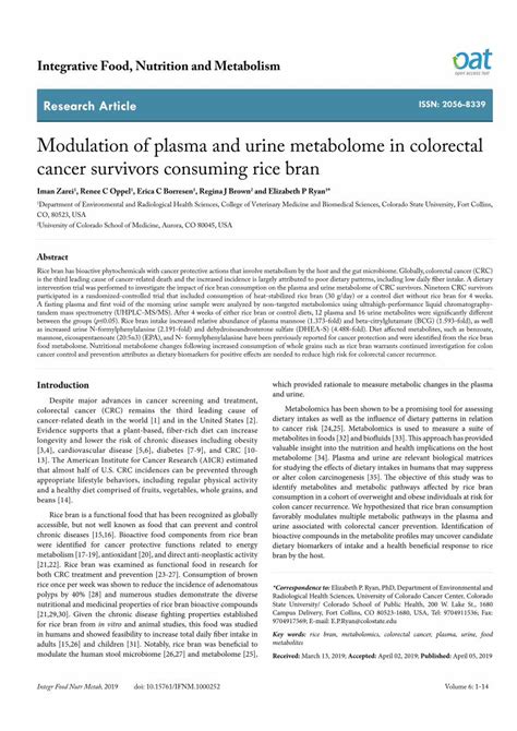 PDF Modulation Of Plasma And Urine Metabolome In Colorectal Plasma